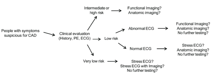This figure is a flow diagram that provides an overview of the conceptual flow for initiating noninvasive testing based on risk assessment following the initial clinical evaluation. The diagram delineates the most common general decision points and options for the use of noninvasive testing based on risk assessment. At each decision point in the diagram, an arrow points to the next step or steps in the process. When a person presents with symptoms suspicious for coronary artery disease (CAD) (far left of diagram) they undergo a clinical evaluation which consists of a physical exam, history, and a resting electrocardiogram (ECG). Based on the results of the clinical evaluation, a person will be categorized into one of three pre-test risk categories: intermediate or high risk, low risk, or very low risk. Those considered to be at intermediate or high risk go on to have either functional or anatomic imaging. For those considered to be at low risk, the type of testing they receive depends on their resting ECG results. If their ECG was abnormal, functional imaging, anatomical imaging, or no further testing are considered; if their ECG was normal, stress ECG, anatomic imaging, or no further testing are considered. Lastly, those at very low risk go on to have stress ECG either with or without imaging or no futher testing. 