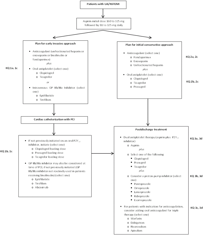 This figure illustrates the treatment strategy algorithm for patients with UA/NSTEMI that is considered in this comparative effectiveness review. All patients presenting with UA/NSTEMI are treated with an initial dose of aspirin 160 to 325 mg followed by 81 to 325 mg daily. The first treatment option considered is the early invasive approach, which consists of an intravenous glycoprotein IIb/IIIa inhibitor versus oral antiplatelet agent as initial therapy prior to going to the catheterization laboratory. After catheterization with percutaneous coronary intervention, the next stage of the early invasive approach considers the optimal drug dose, timing, and safety for coadministration of antiplatelet agents in patients to improve cardiovascular outcomes. Also considered is whether the effectiveness or safety changes based on which initial anticoagulant is used. The second treatment option considered is the initial conservative approach, which consists of using different anticoagulants to improve cardiovascular outcomes in patients with UA/NSTEMI. Also considered are the comparative effectiveness, comparative safety, and optimal drug dose and timing of different antiplatelet agents. The third treatment option for patients with UA/NSTEMI is during the postdischarge phase of treatment. This approach considers the comparative effectiveness, comparative safety, and optimal duration of the available oral antiplatelet agents; the optimal dose and safety of aspirin for patients who are also receiving another oral antiplatelet agent; and the comparative effectiveness and comparative safety of proton pump inhibitors (PPIs) for reducing bleeding events in patients receiving dual antiplatelet therapy following UA/NSTEMI. Also considered, in patients with an indication for long-term oral anticoagulant therapy, are the comparative effectiveness and comparative safety of triple therapy with aspirin, an oral antiplatelet agent, and anticoagulants versus treatment with aspirin and an oral antiplatelet agent in preventing recurrent ischemic events.