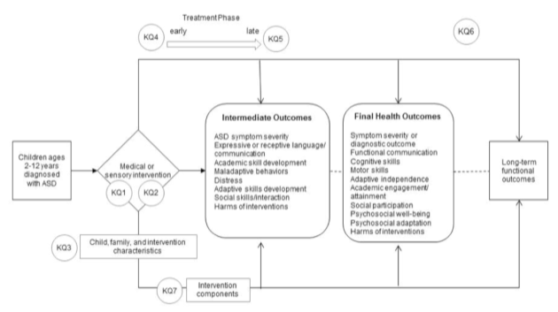 The analytic framework outlines the process by which families of children with ASD make and modify medical or sensory-related treatment choices. Treatment choices are affected by many factors that relate to the care available. Treatment effectiveness may also be affected by factors related to the child (e.g., age, IQ) or the context of care. Ideally, treatment effects are seen both in the short term in clinical changes and in longer term or functional outcomes. Eventual outcomes of interest include adaptive independence appropriate to the abilities of the specific child, psychological well-being, appropriate academic engagement, and psychosocial adaptation. Circled numbers represent the report's key questions; their placement indicates the points in the treatment process in which they are likely to arise. 