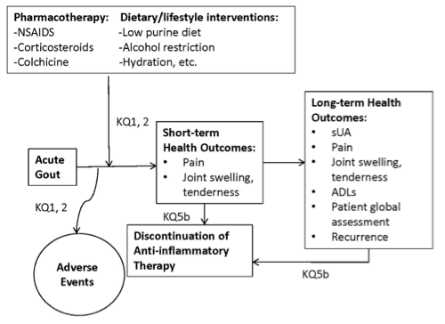 This figure depicts Key Questions 1, 2, and 5 within the context of the PICOTS described in the previous section to create an analytic framework for the treatment of acute gout. The figure begins with the condition of acute gout. Key question 1 addresses the effects and potential harms (adverse events) associated with pharmacological treatment for an acute gout episode (flare), including the use of NSAIDS, corticosteroids (either oral or infused), and/or colchicine. Key question 2 addresses the role of dietary and/or lifestyle modifications, including a low purine diet, alcohol restriction, improved hydration, use of dietary supplements, increased physical activity, and other changes. In the center of the figure, a box lists possible short-term health outcomes, including pain, joint swelling, and tenderness (short-term being defined as 1-2 days to about a week). An additional potential short term harm is the risk for adverse events. Longer-term outcomes, depicted to the far right, include serum uric acid concentrations, pain, joint swelling and tenderness, ADLs, patient global assessment, and recurrence.