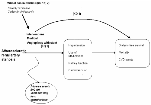 Figure 1. Analytic Framework. This figure depicts the key questions within the context of the PICO (population, interventions, comparators, outcomes). In general, the figure illustrates how treatment interventions (medical therapy, angioplasty with stent, or surgery) affect clinical outcomes (e.g. dialysis-free survival, mortality, or cardiovascular disease events), either directly or through intermediate outcomes (e.g. hypertension, use of medications, kidney function, and cardiovascular) (key question 1). It also shows that the various interventions may lead to adverse events (key question 1b) or short- and long-term complications. The associations between treatments and both outcomes and harms can be affected by modifying factors including patient characteristics (e.g. severity of disease and certainty of diagnosis) (key questions 1a and 2) and by treatment factors (e.g. periprocedural medications and type of stent) (key question 3).