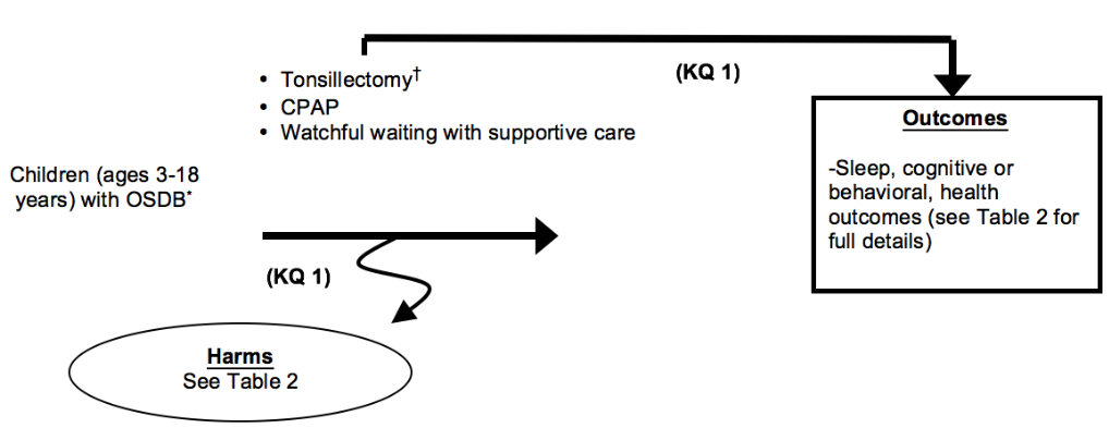 Figure 1 depicts Key Question 1 within the context of the patient, intervention, comparator, and outcomes (PICOS) parameters described in the document. Children between the ages of 3 and 18 years with obstructive sleep-disordered breathing (OSDB) may undergo tonsillectomy (which includes tonsillectomy, adenotonsillectomy, or partial tonsillectomy) or other treatment (medical treatments, CPAP). Outcomes resulting from treatment may include changes in sleep measures; cognitive or behavioral changes; changes in health outcomes; changes in health care utilization; and persistence of OSDB. Harms may occur at any point after the intervention is received and may include emergency room visits for bleeding, pain, dehydration, and nausea and vomiting.