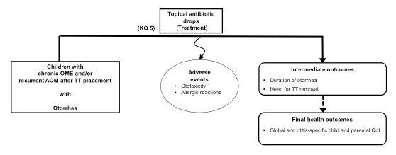 The third figure considers the comparative effectiveness of topical antibiotic drops for the treatment of otorrhea as discussed in key question 5. Potential adverse outcomes include ototoxicity or allergic reactions. Intermediate outcomes associated with treatment of otorrhea are duration of otorrhea and need for removal of tympanostomy tubes. The final health outcomes of treatment for otorrhea are global and otitis-specific child and parental quality of life.