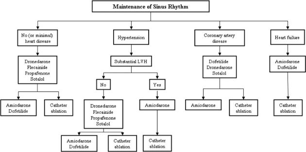 Figure 1 summarizes current (2011) guideline recommendations on the maintenance of sinus rhythm in patients with atrial fibrillation from the American College of Cardiology Foundation/American Heart Association Task Force on Practice Guidelines. Treatment algorithms are depicted for four categories of atrial fibrillation patients: those with no (or minimal) heart disease, those with hypertension, those with coronary artery disease, and those with heart failure. For patients with no (or minimal) heart disease, initial treatment options include dronedarone, flecainide, propafenone, and sotalol. Secondary treatment options include amiodarone and dofetilide (drug therapies) or catheter ablation. For patients with hypertension, the figure indicates that treatment options depend on whether or not the patient also has substantial left ventricular hypertrophy. If “no”, then treatment options are the same as for patient with no (or minimal) heart disease: that is, initial treatment options include dronedarone, flecainide, propafenone, and sotalol, and secondary treatment options include amiodarone and dofetilide (drug therapies) or catheter ablation. If “yes” (substantial left ventricular hypertrophy), then initial treatment is with amiodarone, followed by catheter ablation, if necessary. For patients with coronary artery disease, initial treatment options include dofetilide, dronedarone, and sotalol, and secondary treatment options are amiodarone or catheter ablation. Finally, for patients with heart failure, initial treatment options are amiodarone and dofetilide, followed by catheter ablation, if necessary. 