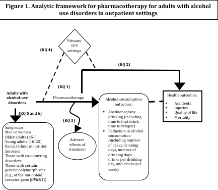 Figure 1 is titled Analytic framework for pharmacotherapy for adults with alcohol use disorders in outpatient settings. The framework begins on the left with our patient population of interest: adults with alcohol use disorders. There is an arrow pointing down from this population to a box containing the following subgroups: men/women, older adults (age 65 or older), young adults (age 18-25), racial or ethnic minorities, smokers, those with co-occurring mental health or chronic medical conditions, and those with certain genetic polymorphisms. The downward-pointing arrow is labeled KQ 5 and 6. An arrow with the word pharmacotherapy goes from the population on the left to a box containing the words alcohol consumption outcomes. This box contains the following: abstinence/any drinking (including time to first drink, time to relapse) and reduction in alcohol consumption (including number of heavy drinking days, number of drinking days, drinks per drinking day, and drinks per week). KQ 1 is above this arrow, to indicate that the first key question focuses on pharmacotherapy to reduce alcohol consumption. A dotted line labeled KQ 4 extends from the arrow to a diamond, above, that contains the words primary care settings, indicating the focus of KQ 4. A curvy arrow labeled KQ3 descends from the pharmacotherapy arrow to an elliptical shape with the words adverse effects of treatment to illustrate the focus of KQ3. Another arrow connects the pharmacotherapy arrow to a box labeled health outcomes that includes accidents, injuries, quality of life, and mortality. This arrow is labeled KQ 2. In addition, a dotted line extends between this arrow and the primary care settings diamond. A dotted line connects the aThe framework begins on the left with our patient population of interest: adults with alcohol use disorders. There is an arrow pointing down from this population to a box containing the following subgroups: men/women, older adults (age 65 or older), young adults (age 18-25), racial or ethnic minorities, smokers, those with co-occurring mental health or chronic medical conditions, and those with certain genetic polymorphisms. The downward-pointing arrow is labeled KQ 5 and 6. An arrow with the word pharmacotherapy goes from the population on the left to a box containing the words alcohol consumption outcomes. This box contains the following: abstinence/any drinking (including time to first drink, time to relapse) and reduction in alcohol consumption (including number of heavy drinking days, number of drinking days, drinks per drinking day, and drinks per week). KQ 1 is above this arrow, to indicate that the first key question focuses on pharmacotherapy to reduce alcohol consumption. A dotted line labeled KQ 4 extends from the arrow to a diamond, above, that contains the words primary care settings, indicating the focus of KQ 4. A curvy arrow labeled KQ3 descends from the pharmacotherapy arrow to an elliptical shape with the words adverse effects of treatment to illustrate the focus of KQ3. Another arrow connects the pharmacotherapy arrow to a box labeled health outcomes that includes accidents, injuries, quality of life, and mortality. This arrow is labeled KQ 2. In addition, a dotted line extends between this arrow and the primary care settings diamond. A dotted line connects the alcohol consumption outcomes box to the health outcomes box.lcohol consumption outcomes box to the health outcomes box.