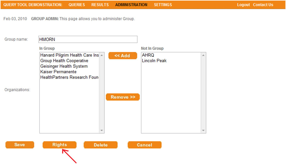 This screen shot depicts the user interface that allows administrators to assign rights to a particular group.