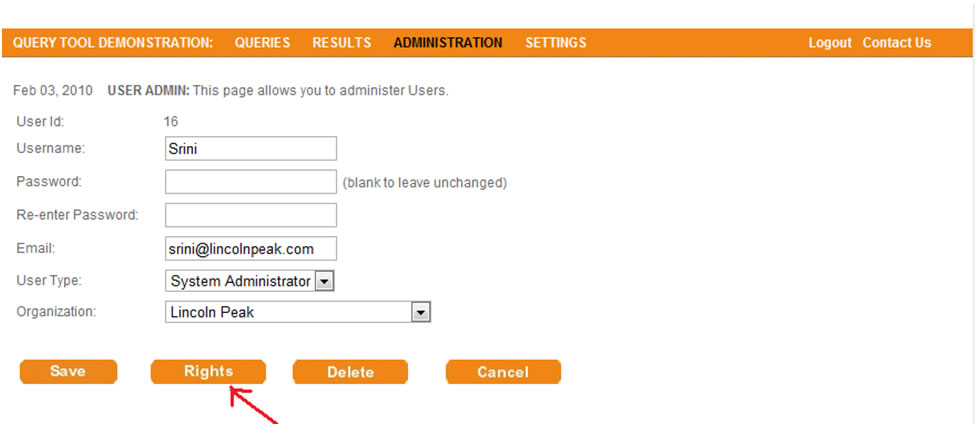 This screen shot depicts the user interface that allows administrators to assign rights to a particular user.