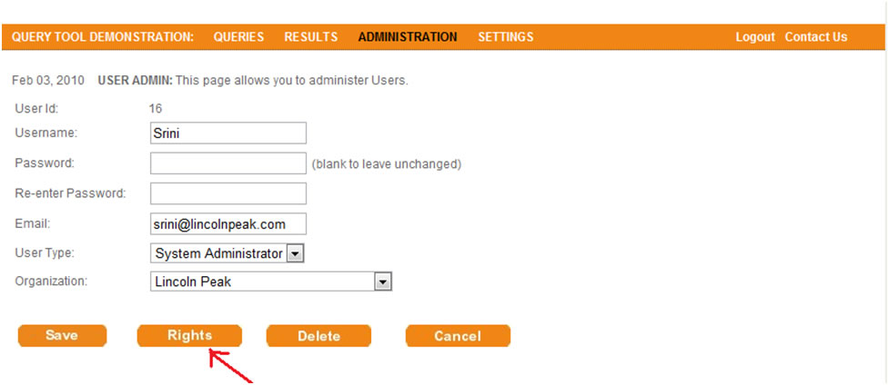 This screen shot depicts the user interface that allows administrators to select specific rights to give to a user.