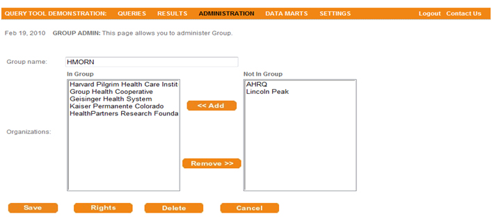 This screen shot depicts the user interface used to add organizations to a group.