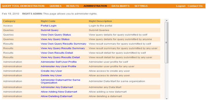 This screen shot depicts the complete list of system rights.