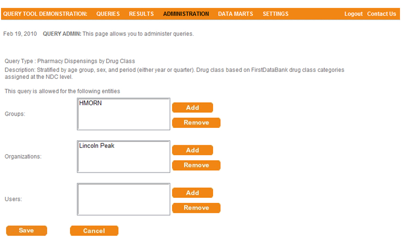 This screen shot depicts the user interface used to allow access to individual entities for a particular query type (pharmacy dispensings by drug class).
