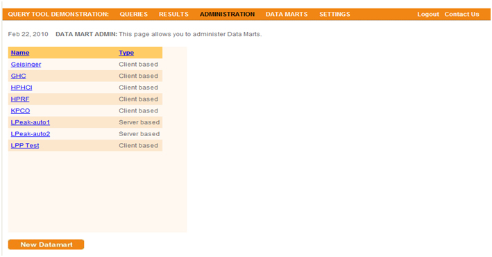 This screen shot depicts the user interface that allows an administrator to view all DataMarts in the system.