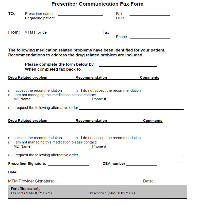 This is a form sent by fax machine from the medication therapy management provider to a prescriber regarding a patient. It provides information about medication-related problems identified for a patient and recommendations to address the problems. There is space for the prescriber to comment on each recommendation.
