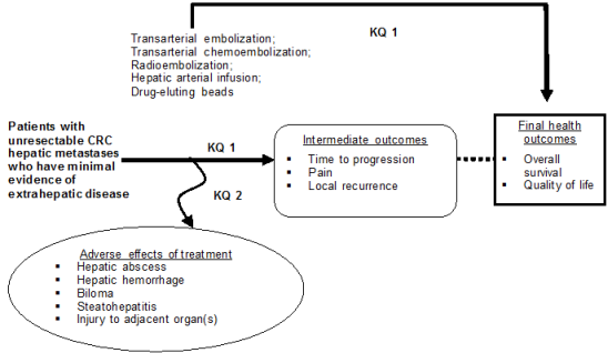 Figure 1: This figure depicts the key questions within the context of the PICOTS described in a later section. In general, the figure illustrates how liver directed therapies for unresectable colorectal metastasis in patients who are refractory to systemic chemotherapy may improve survival, quality-of-life, and effect intermediate outcomes such as, pain and time to progression. Important adverse effects include hepatic abscess, hepatic hemorrhage, biloma, steatohepatitis and injury to adjacent organ. 