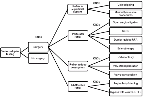 Figure 4 is a decision tree figure for potential surgical treatment options for chronic venous ulcers. The first box, venous duplex testing, branches to two more boxes labeled key question 3a as surgery and no surgery. The surgery box branches to four boxes, which are reflux in superficial system, perforator reflux, reflux in deep vein system, and obstructive reflux. Each of these branches to multiple boxes, all labeled as key question 3b. Reflux in superficial system has two branches which are vein stripping and minimally invasive procedures. Perforator reflux has four branches, which are open surgical ligation, subfascial endoscopic perforator surgery, duplex-guided radio frequency ablation, and sclerotherapy. Reflux in deep vein system has three branches which are valvuloplasty, valve transplantation, and valve transposition. Obstructive reflux has two branches which are angioplasty/stenting and bypass with vein versus polytetrafluoroethylene.