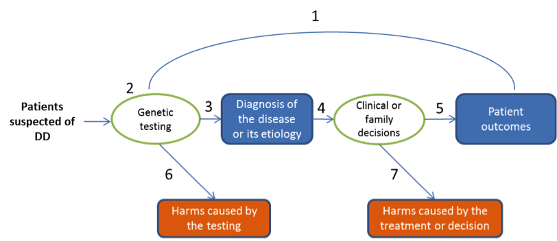 Figure 1. Evaluation Framework for Genetic Tests for Diagnosing DDs This figure depicts the key research questions that need to be addressed in evaluating the clinical utility of a genetic test for developmental disabilities. These questions include: Question 1 (Overarching Question): Does use of a genetic test lead to improved health outcomes in patients with DDs compared to the standard-of-care diagnostic strategy? Question 2: Does the test have adequate analytic validity? Question 3: Does the test have adequate clinical validity? Question 4: Does use of the test have any impact on treatment decision making by clinicians or patients? Question 5: Does the treatment lead to improved patient outcomes? Question 6: Are there harms associated with use of the test? Question 7: Are there harms associated with the treatment?