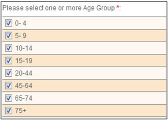 This screen shot shows how users may select different age ranges by which to stratify their result sets.