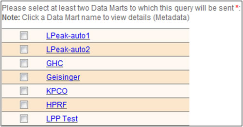 This screen shot shows how users may select which Data Marts to include in their queries. Clicking on the hyperlink for a particular Data Mart will display that Data Mart's meta data.