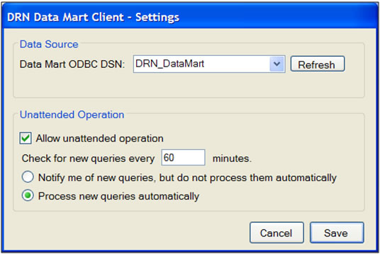 This screen shot shows the settings popup for the Data Mart Client. Users can set the Client to unattended or notify mode in this interface.