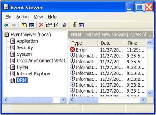 This screen shot shows the Windows event viewer, where a data mart administrator can view all activity that has occurred in their Data Mart.