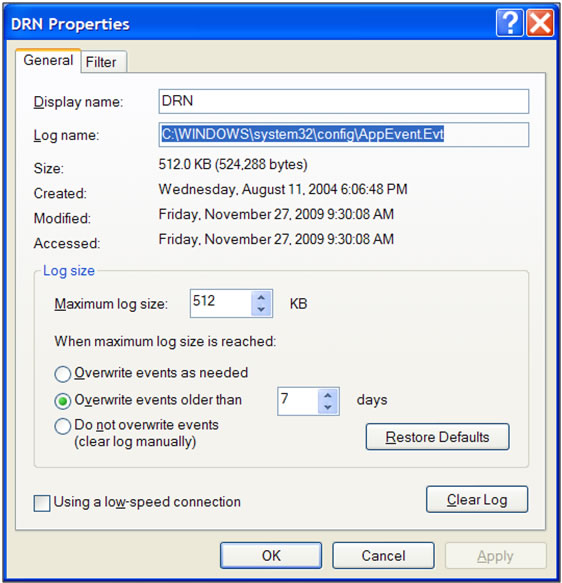 This screen shot shows the properties dialogue of the Windows event viewer. Here the user can set preferences related to the log size, rollover, etc.
