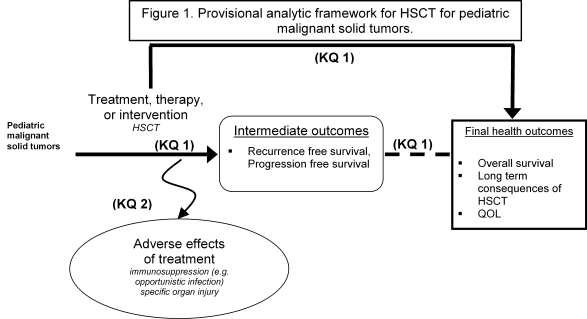 Figure 1 depicts a provisional analytic framework for hematopoietic stem-cell transplantation for pediatric malignant solid tumors. The framework begins on the left with “pediatric malignant solid tumors,” which is linked on the horizontal axis (indicating Key Question 1) with treatment, therapy, or intervention (in this case, stem-cell transplantation) to a box indicating intermediate outcomes (recurrence-free survival, progression-free survival) and then to a box indicating final health outcomes (overall survival, long-term consequences of stem-cell transplant, and quality of life). Key Question 2, adverse effects of treatment, branches off of the Key Question 1 axis and pertains to such effects as immunosuppression (for example, opportunistic infection) and specific organ injury.