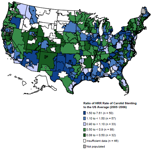 Figure 1B. Ratio of the rate of carotid stenting by hospital referral region to the U.S. national average, 2005–2006