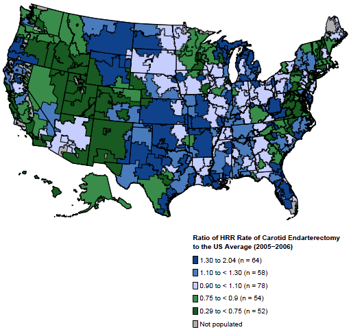 Figure 1A. Ratio of the rate of carotid endarterectomy by hospital referral region to the U.S. national average, 2003–2004
