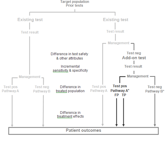 Figure 1b is a flowchart that shows the different pathways by which an add-on test affects patient outcomes compared to an existing test. Both pathways start with the existing test with management based upon the results of that test. The add-on pathway diverges at the management stage, where an add-on test is administered only when the test is negative, with subsequent management based upon the add-on test result. However, because the management is the same when the add-on test is also negative, the primary difference in management occurs only when the existing test is negative, but the add-on test is positive (whether true positive or false positive). The tests may also have differences at each stage – 1) differences in test safety and other attributes, 2) Incremental differences in sensitivity and specificity, 3) difference in treated populations, 4) differences in treatment effects.