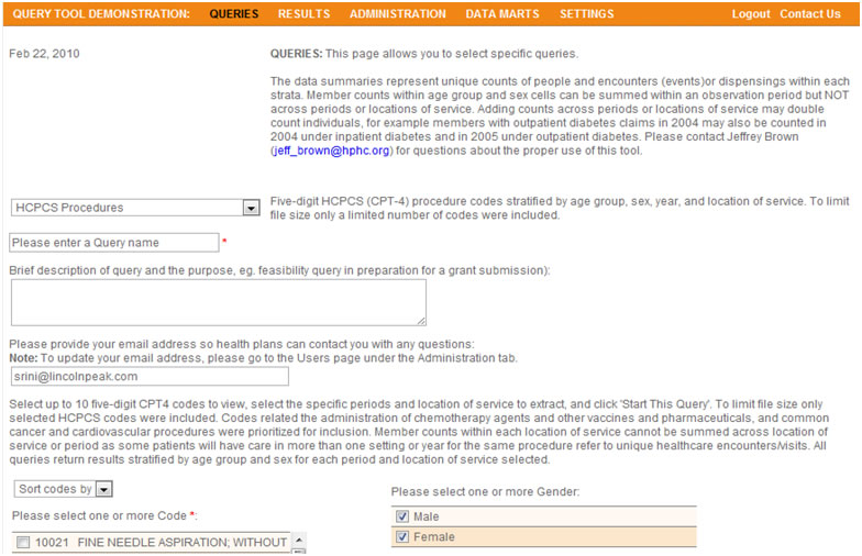 This screen shot depicts the user interface that allows investigators to submit HCPCS procedure queries.