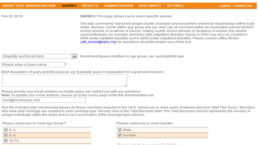 This screen shot depicts the user interface that allows investigators to submit eligibility and enrollment queries.