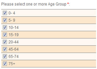 This screen shot depicts the user interface that allows investigators to select the age groups by which the query are stratified.