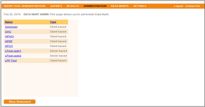 This screen shot displays the portal screen where users can click to view information on each of the Data Marts in the system.