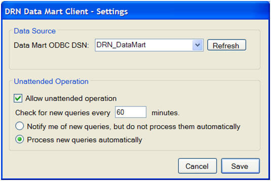 This screen shot depicts the settings dialog box for the DataMart Client.