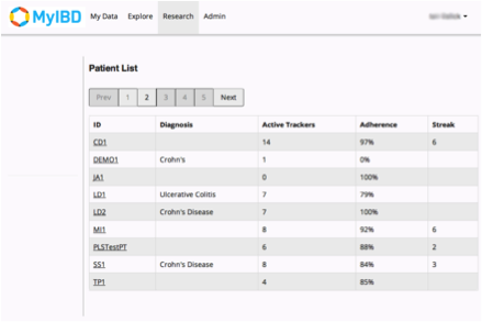 Figure 5-3 is a MyIBD screenshot of an individual patient's home screen, or dashboard, which shows a headshot and menu of options for the user on the left side of the screen. In the main part of the screen, a list of tasks the user can or has performed to record data pertinent to the trial such as answering a questionnaire, or adding a journal entry to record a comment for the study administrator.