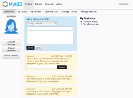Figure 5-4 is a MyIBD screenshot of the shared learning plan that allows doctors and patients to update the current goal and methods used for the current n-of-1 trial being performed by that user.