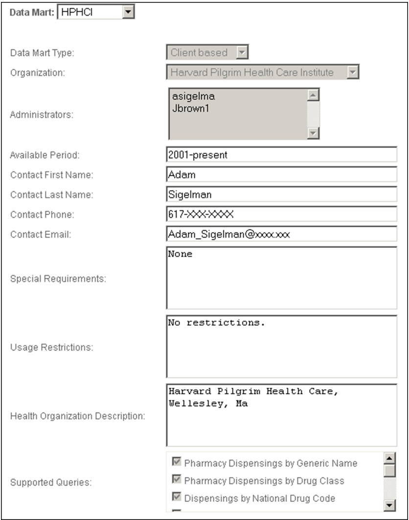 This screen shot shows the Data Mart information screen. This screen contains detail on each Data Mart, including name, type, corresponding organization, organization description, administrators, contact information, available periods, restrictions, requirements, and supported queries. 