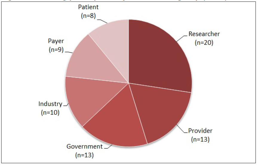 Figure 1 is a pie chart divided into six stakeholder groups, depicting the number of participants from each group that attended the stakeholder meeting in March 2012. There were 20 researchers, 13 healthcare providers, 13 government representatives, 10 industry representatives, 9 payers, and 8 patient representatives, for a total of 73 participants.