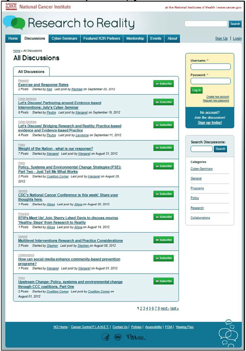 Figure D-2 is a screen shot of the Discussions Page on the R2R Web site. It shows a vertical list of ongoing discussion topics, which users can click on to view individual conversations. Examples of topics include Exercise and Response Rates and How can social media enhance community-based prevention programs?