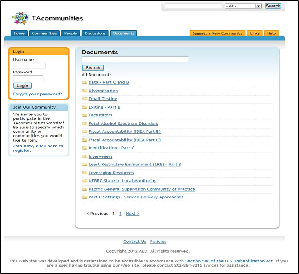 Figure E-3 is a screen shot of the Documents page on the TAcommunities Web site. It shows a folder structure for the documents stored in this area; the folders are organized by community and topic.