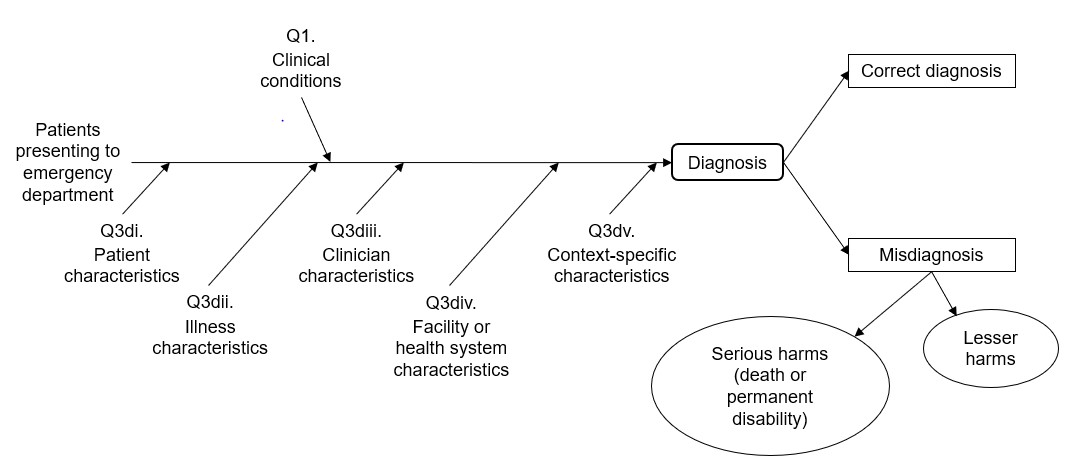 Figure 1 displays our analytic framework. Patients present to the emergency department and they receive a diagnosis. There are several factors that influence the diagnosis, including clinical conditions, patient characteristics, illness characteristics, clinician characteristics, facility or health system characterisitcs, and context-specific characteristics. The diagnosis is either correct or not correct. Misdiagnoses can lead to either serious harms (e.g., death or permanent disability) or to lesser harms.