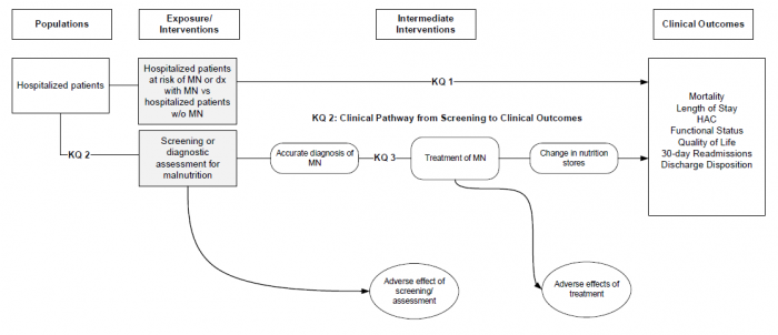 Figure 1 shows an analytical framework. The framework is a visual depiction of the key questions. The questions in this review underpin the pathway of care that links patients at risk of malnutrition to clinical outcomes. The framework begins with a rectangle that depicts the population of interest, which for all key questions is hospitalized patients. For key question 1, the framework shows an arrow connecting the population to the intervention. The intervention for key question 1 is the varying exposure of patients to malnutrition, which includes hospitalized patients at risk of or who have malnutrition compared to patients with no risk or underlying malnutrition. The arrow continues to connect the exposure to the clinical outcomes, and represents the possible association between malnutrition and the following clinical outcomes: mortality (inpatient and 30-day), length of stay, 30-day readmission, quality of life, functional status, hospital acquired condition (HAC), and discharge disposition. For key questions 2 and 3, the intervention begins with screening or diagnostic assessment for malnutrition. An arrow connects the intervention to several intermediate interventions, which includes accurate diagnosis of malnutrition, treatment (key question 3), and change in nutrition stores. The movement along the intermediate interventions ultimately ends with the clinical outcomes.