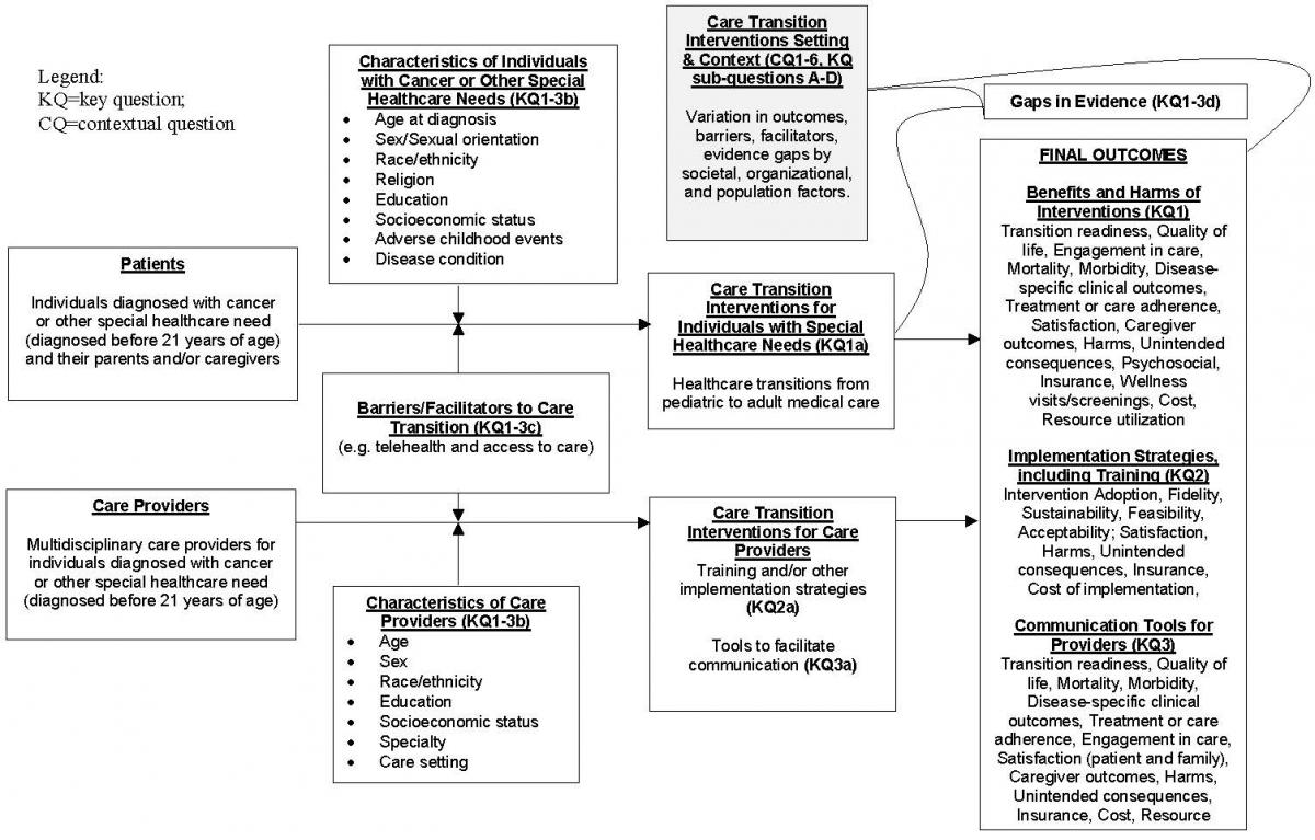 Figure 1 is the analytical framework describing the flow of patients diagnosed with cancer or other special healthcare need and care providers for individuals diagnosed with cancer or other special healthcare need. Patients receive healthcare transition interventions from pediatric to adult medical care. Care providers receive training and or other implementation strategies and tools to facilitate communication related interventions. Interventions may be associated with barriers and facilitators to care transition or potential gaps in evidence. Final outcomes include effectiveness, comparative effectiveness, and or harms of care interventions, provider-related training and other implementation strategies, and tools to facilitate communication between pediatric and adult providers. Outcomes may differ by patients baseline characteristics (such as age of diagnosis, sex/sexual orientation, race/ethnicity, religion, education, SES, adverse childhood events, or disease condition) or care providers (such as age, sex, race/ethnicity, education, SES, specialty, or care setting). 