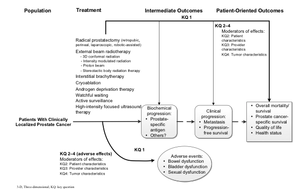This figure depicts the population, treatment, intermediate, and patient-oriented outcomes that this report will assess. On the left side of the figure is a box listing the population this report will study. The population of interest is patients with clinically localized prostate cancer. A single arrow to the right of the population of interest indicates what treatments each of the four key questions in this report will address. For Key Question 1, we will review the comparative risks and benefits of the different therapies for clinically localized prostate cancer. For Key Question 2, we will review how specific patient characteristics (e.g., age, race/ethnicity, presence or absence of comorbid illness, preferences such as tradeoff of treatment-related adverse effects vs. potential for disease progression) affect the outcomes of these therapies. For Key Question 3, we will evaluate the impact of provider and hospital characteristics on outcomes (e.g., geographic region, volume). For Key Question 4, we will evaluate how tumor characteristics (e.g., Gleason score, tumor volume, screened compared to clinically detected tumors, prostate-specific antigen levels) affect the outcomes of these therapies. An arrow below the line labeled 