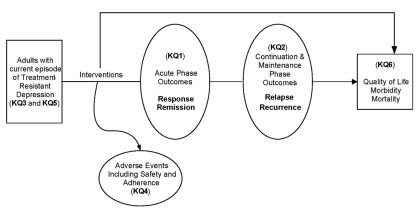 Based on the key questions, we developed an analytic framework to guide the systematic review (Exhibit 3-1). Specifically, the first two key questions pertain to the efficacy and effectiveness of obtaining (KQ1) and maintaining (KQ2) response and remission using these non-pharmocologic treatments – where KQ1 addresses the acute phase and KQ2 the continuation or maintenance phase. KQ3 addresses response and remission for psychiatric subtypes of treatment-resistant depression (e.g., coexisting anxiety), and KQ5 focuses on the specific subgroups (e.g., the elderly). KQ4 focuses on safety issues (adverse effects, adherence) with each of the interventions. Finally, KQ6 looks at how these interventions affect other health outcomes, such as quality of life.