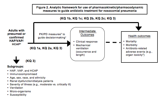 Figure 2 is titled Analytic framework for use of pharmacokinetic/pharmacodynamic (PK/PD) measures to guide antibiotic treatment for nosocomial pneumonia. The framework begins on the left with our patient population of interest: adults with presumed or confirmed HAP/VAP/ HCAP. The first arrow representing Key Questions 1b and c, 2b and c, and 3 is an overarching arrow that starts from the patient population and crosses over the entire framework, going to a box on the far right, containing the words Health Outcomes, with these three bulleted items: mortality, morbidity and antibiotic-related adverse events (e.g., organ toxicity). A horizontal arrow starting at the same point, representing Key Questions 1a, 2a, and 3, with the words PK/PD measures to guide decisionmaking points to a box in the center of the framework containing the words Intermediate Outcomes: Clinical Response with these two bulleted items: Clinical Response and Mechanical Ventilation (occurrence and length). A dotted arrow goes from this center box to a box on the far right labeled Health Outcomes (the same Health Outcomes box that KQ1b, KQ1c, KQ2b, KQ2c, and KQ3 goes to). A thick arrow descends from the patient population listing on the far left and is labeled KQ3 to denote the subgroups of interest: HAP, VAP, or HCAP; immunocompromised; age, sex, race, or ethnicity; renal dysfunction/dialysis patients; severity of illness; microorganisms; and susceptibility. 