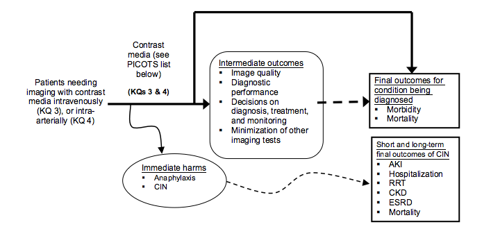 This figure depicts Key Questions 3 and 4 within the context of the PICOTS described in the previous section. In general, the figure illustrates how the use of different contrast media may result in intermediate outcomes such as changes in image quality, diagnostic performance, diagnostic decision, minimization of other imaging tests, and/or other outcomes such as morbidity and mortality. Also, adverse events may occur at any point after the treatment is received.