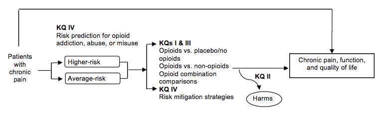 Figure 1. This figure depicts the analytic framework which outlines the evidence areas covered in the review, including the population, risk prediction, interventions, outcomes, and harms. The population includes patients with chronic pain. An overarching arrow assesses risk prediction for opioid addiction, abuse, or misuse, related harms of risk prediction, and its effects on chronic pain, function, and quality of life outcomes. In addition, an initial branch in the framework splits patients with chronic pain into higher-risk and average-risk groups. A subsequent branch represents opioid interventions covered in the review (including studies of opioids versus placebo/no opioids, opioids versus non-opioids, and opioid combinations comparisons) and risk mitigation strategies on chronic pain, function, and quality of life outcomes, and an arrow from these interventions assesses resulting harms. 
