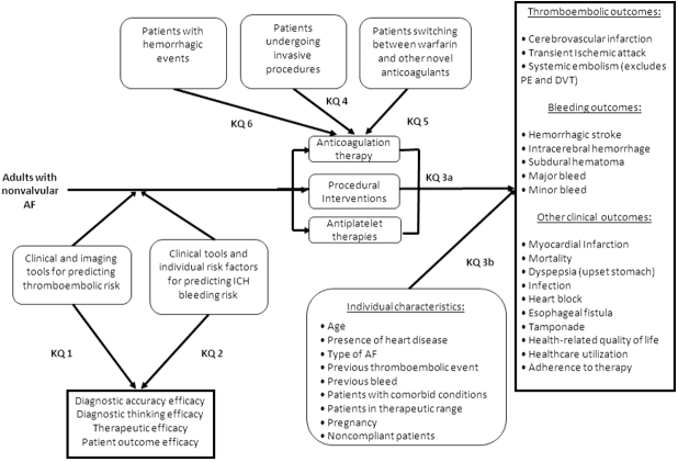 The draft analytic framework depicts the Key Questions within the context of the PICO (population, interventions, comparators, and outcomes) described elsewhere in this document. The patient population of interest is adults with nonvalvular atrial fibrillation. Interventions of interest are clinical and imaging tools for predicting thromboembolic risk (Key Question 1); clinical tools and individual risk factors for predicting intracerebral hemorrhage bleeding risk (Key Question 2); anticoagulation therapies, procedural interventions, and antiplatelet therapies in patients with nonvalvular atrial fibrillation (Key Question 3a) and in specific subpopulations of patients with nonvalvular atrial fibrillation (e.g., age, presence of heart disease, type of atrial fibrillation, previous thromboembolic event, previous bleed, comorbid conditions, patients in therapeutic range, pregnant patients, and noncompliant patients) (Key Question 3b); strategies for patients who are undergoing invasive procedures (Key Question 4); strategies for patients who switch between warfarin and direct thrombin inhibitors (Key Question 5); and strategies for patients with hemorrhagic events (Key Question 6). The outcomes of interest are thromboembolic events (cerebrovascular infarction; transient ischemic attack; and systemic embolism, excluding pulmonary embolism or deep vein thrombosis); bleeding outcomes (hemorrhagic stroke, intracerebral hemorrhage, subdural hematoma, major bleed, and minor bleed); other clinical outcomes (myocardial infarction, mortality, upset stomach, infection, heart block, esophageal fistula, tamponade, health-related quality of life, healthcare utilization, and adherence to therapy), and efficacy of the risk assessment tools (diagnostic accuracy, diagnostic thinking, therapeutic, and patient outcome efficacy).