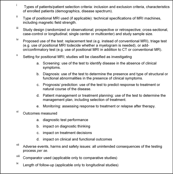 Text Box: i Types of patients/patient selection criteria: inclusion and exclusion criteria, characteristics of enrolled patients (demographics, disease spectrum). ii Type of positional MRI used (if applicable): technical specifications of MRI machines, including magnetic field strength. iii Study design (randomized or observational; prospective or retrospective; cross-sectional, case-control or longitudinal; single center or multicenter) and study sample size. iv Proposed use of the test: replacement test (e.g. instead of conventional MRI), triage test (e.g. use of positional MRI todecide whether a myelogram is needed), or add-on/confirmatory test (e.g. use of positional MRI in addition to CT or conventional MR). v Setting for positional MRI; studies will be classified as investigating a. Screening: use of the test to identify disease in the absence of clinical symptoms. b. Diagnosis: use of the test to determine the presence and type of structural or functional abnormalities in the presence of clinical symptoms. c. Prognosis/ prediction: use of the test to predict response to treatment or natural course of the disease. d. Patient management or treatment planning: use of the test to determine the management plan, including selection of treatment. e. Monitoring: assessing response to treatment or relapse after therapy. vi Outcomes measured a. diagnostic test performance b. impact on diagnostic thinking c. impact on treatment decisions d. impact on clinical and functional outcomes vii Adverse events, harms and safety issues: all unintended consequences of the testing process per se. viii Comparator used (applicable only to comparative studies) ix Length of follow-up (applicable only to longitudinal studies) 